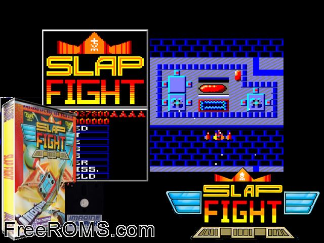Slap Fight (UK) (19xx) [t1] Amstrad CPC game showing 3D box cover and gameplay screenshot